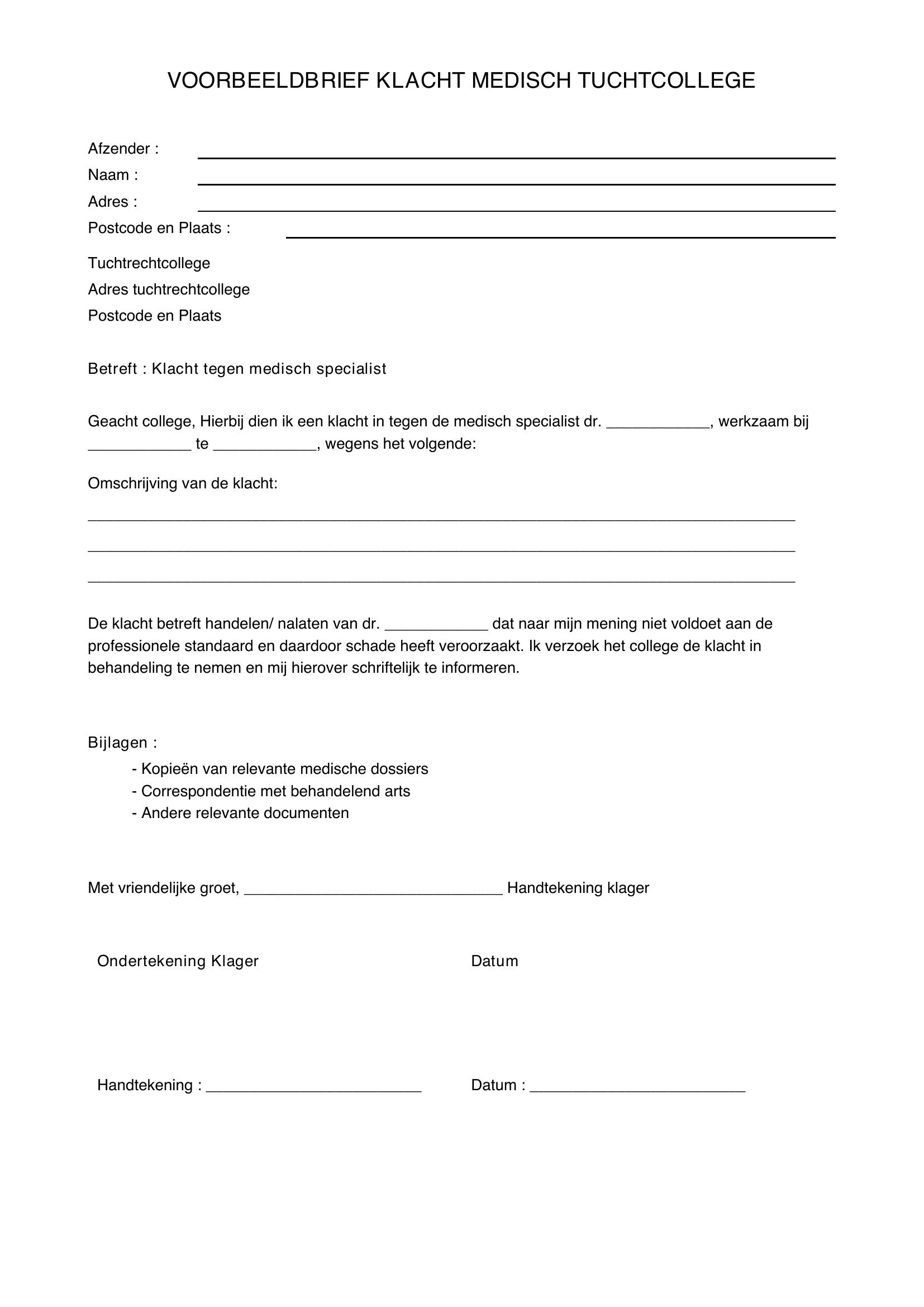 Voorbeeldbrief Klacht Medisch Tuchtcollege