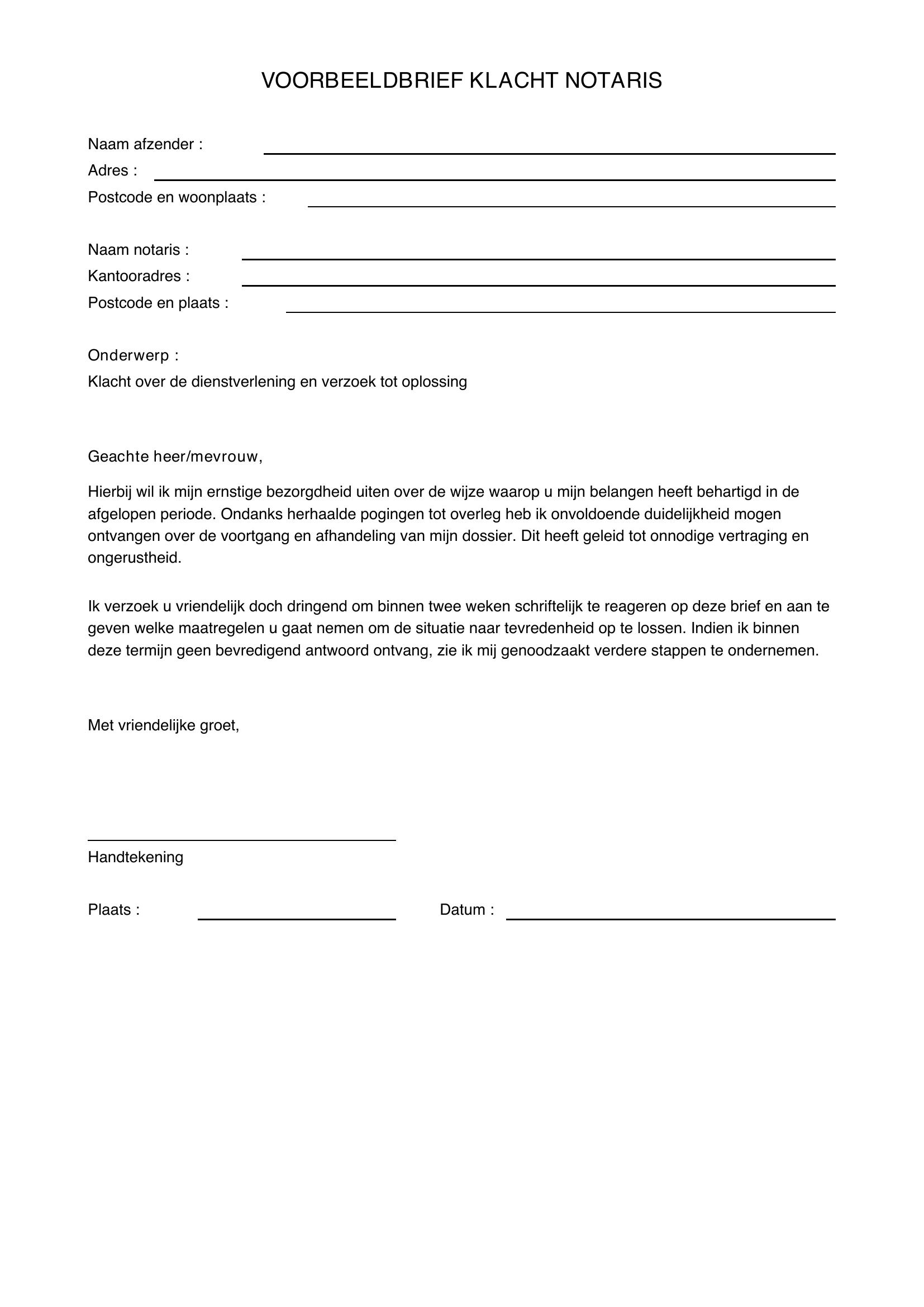 Voorbeeldbrief Klacht Notaris