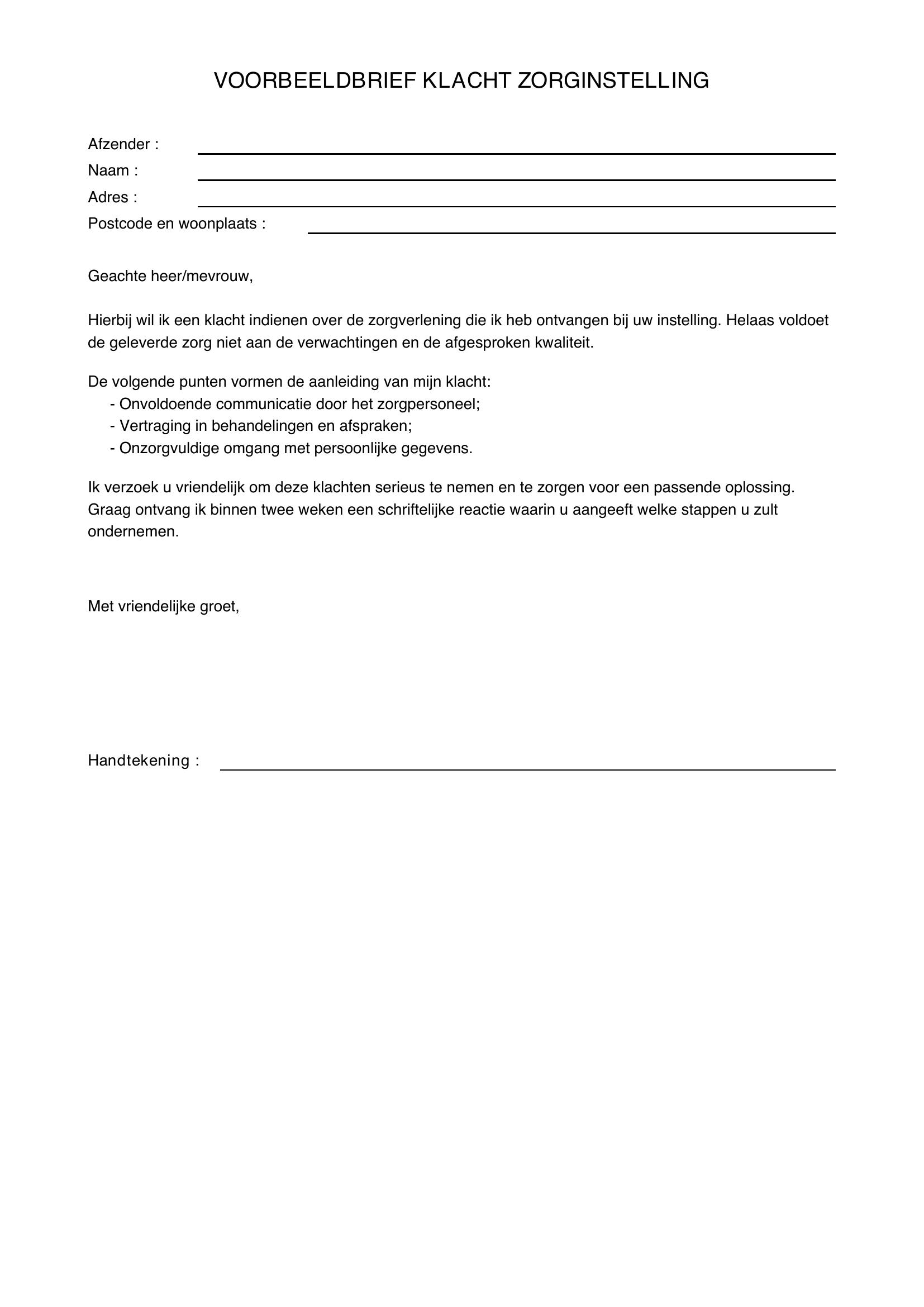 Voorbeeldbrief Klacht Zorginstelling