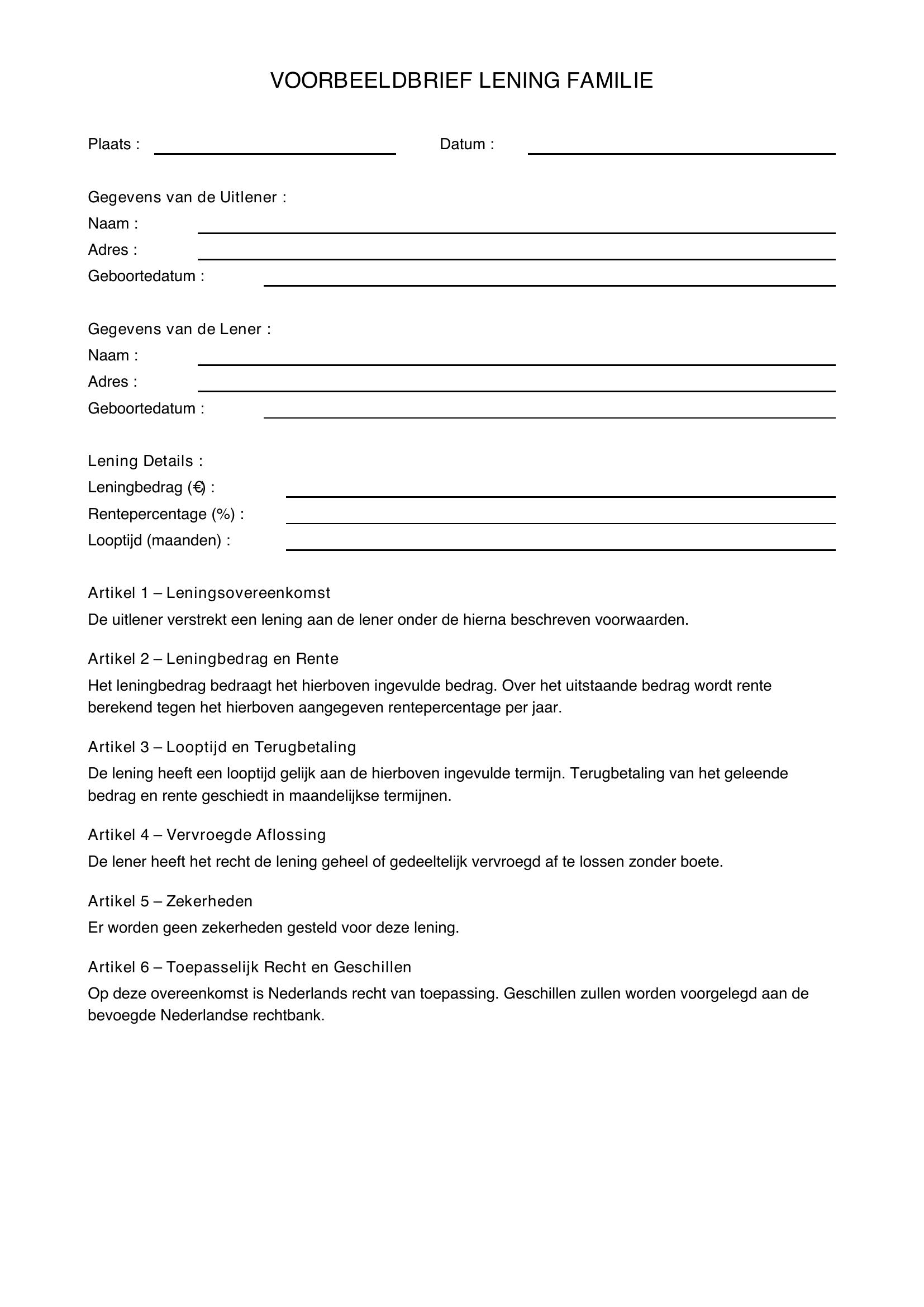 Voorbeeldbrief Lening Familie