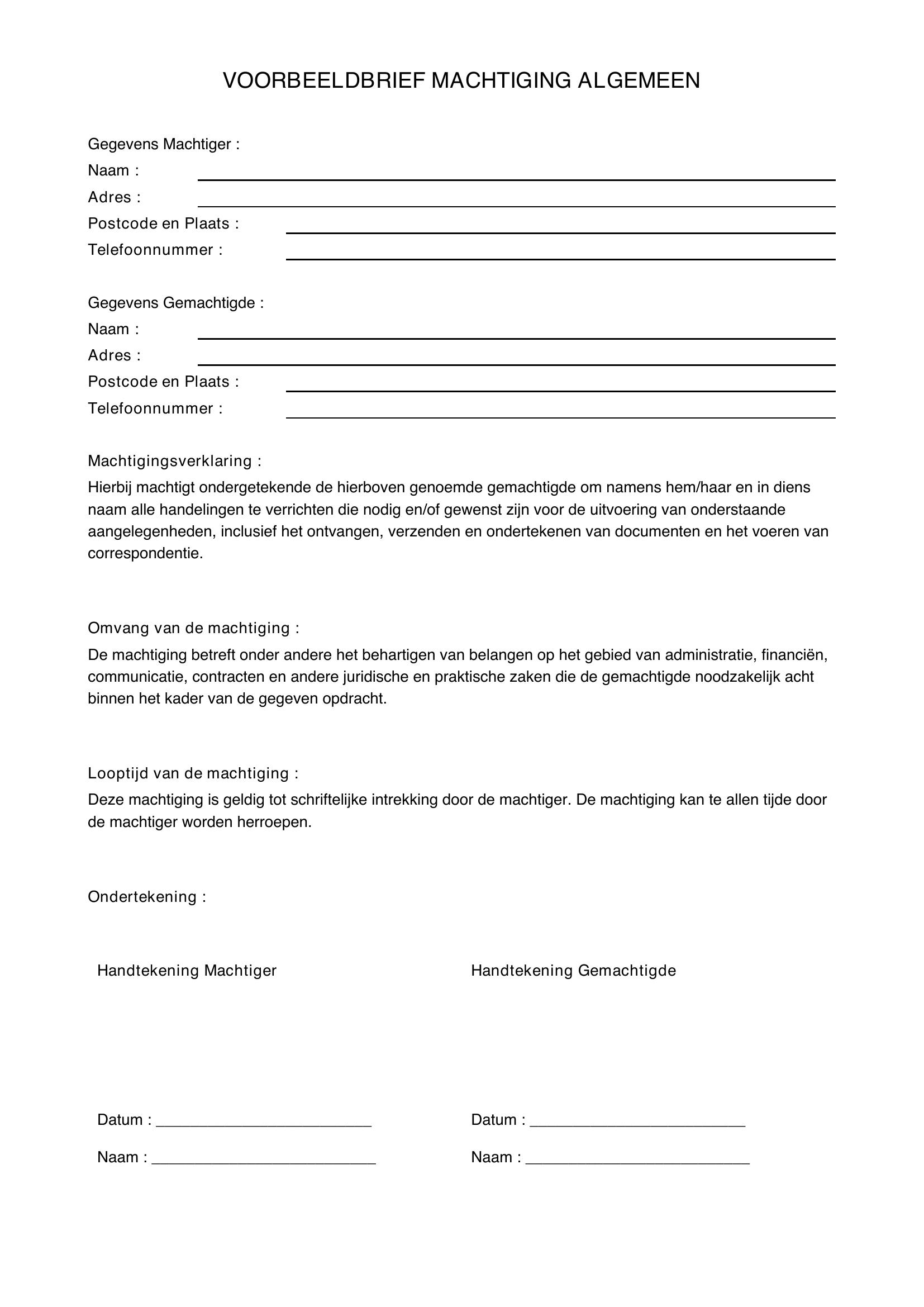 Voorbeeldbrief Machtiging Algemeen