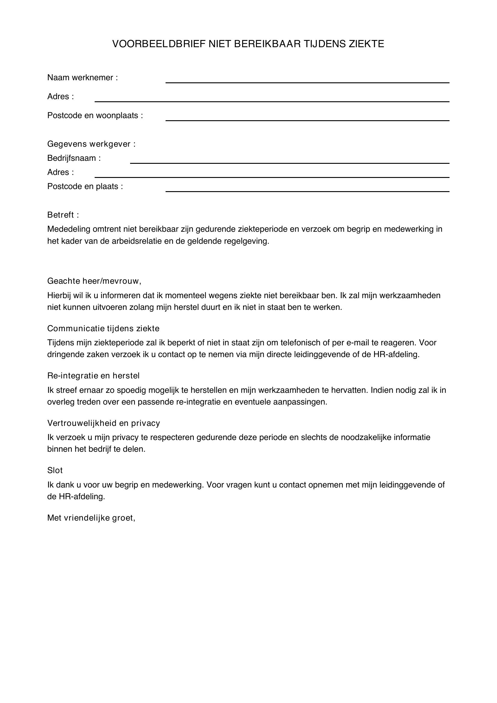 Voorbeeldbrief Niet Bereikbaar Tijdens Ziekte