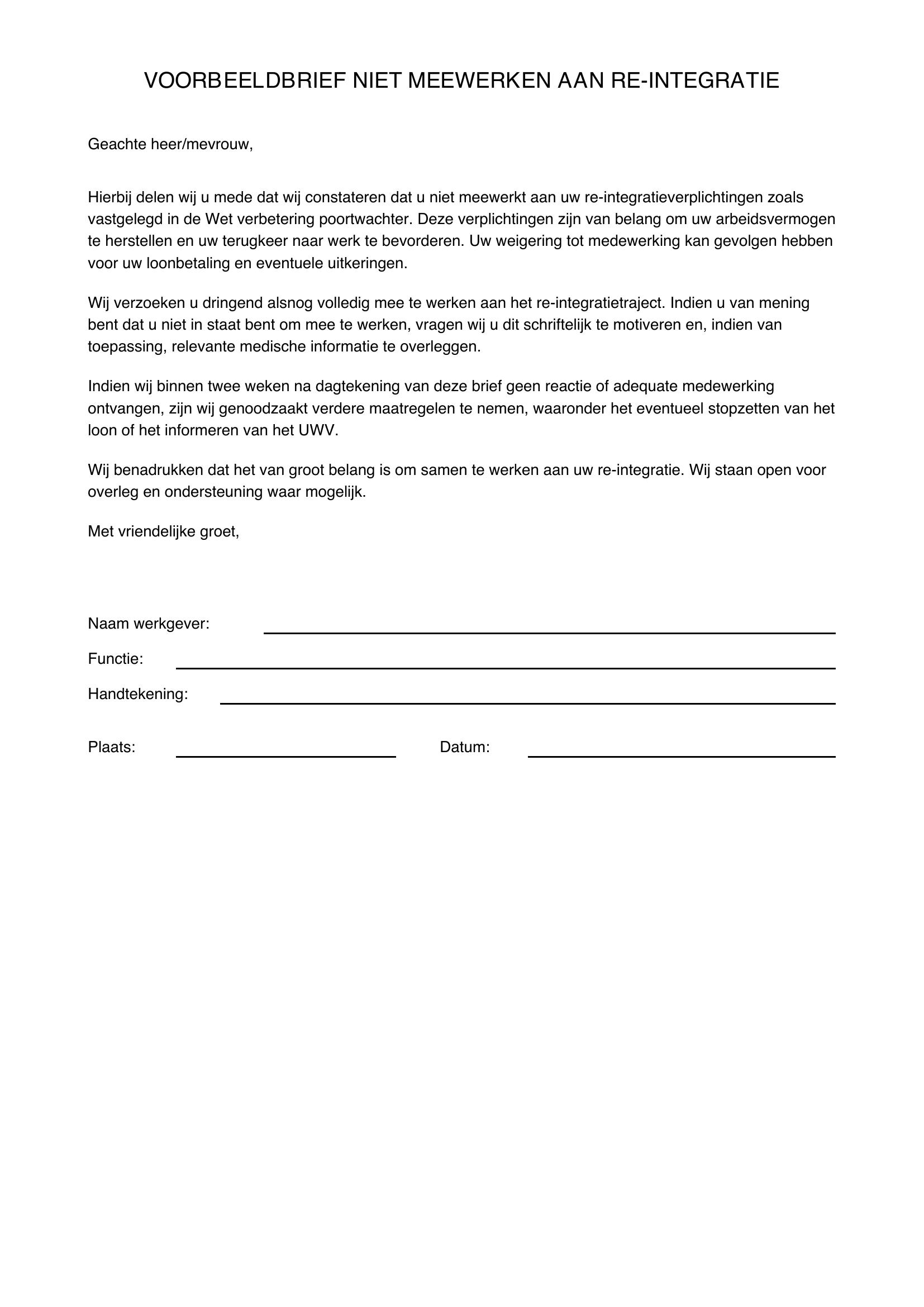Voorbeeldbrief Niet Meewerken Aan Re-Integratie