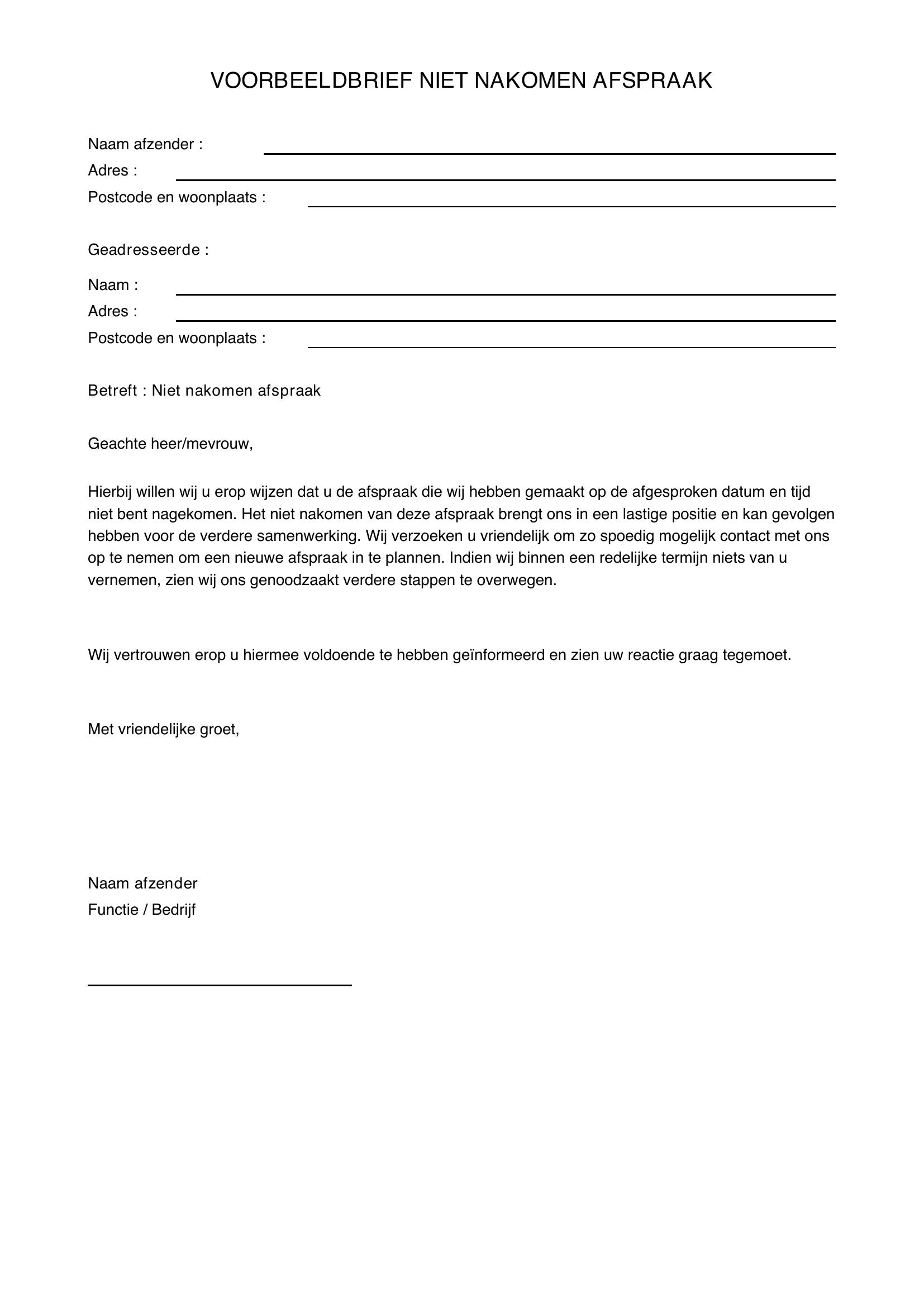 Voorbeeldbrief Niet Nakomen Afspraak