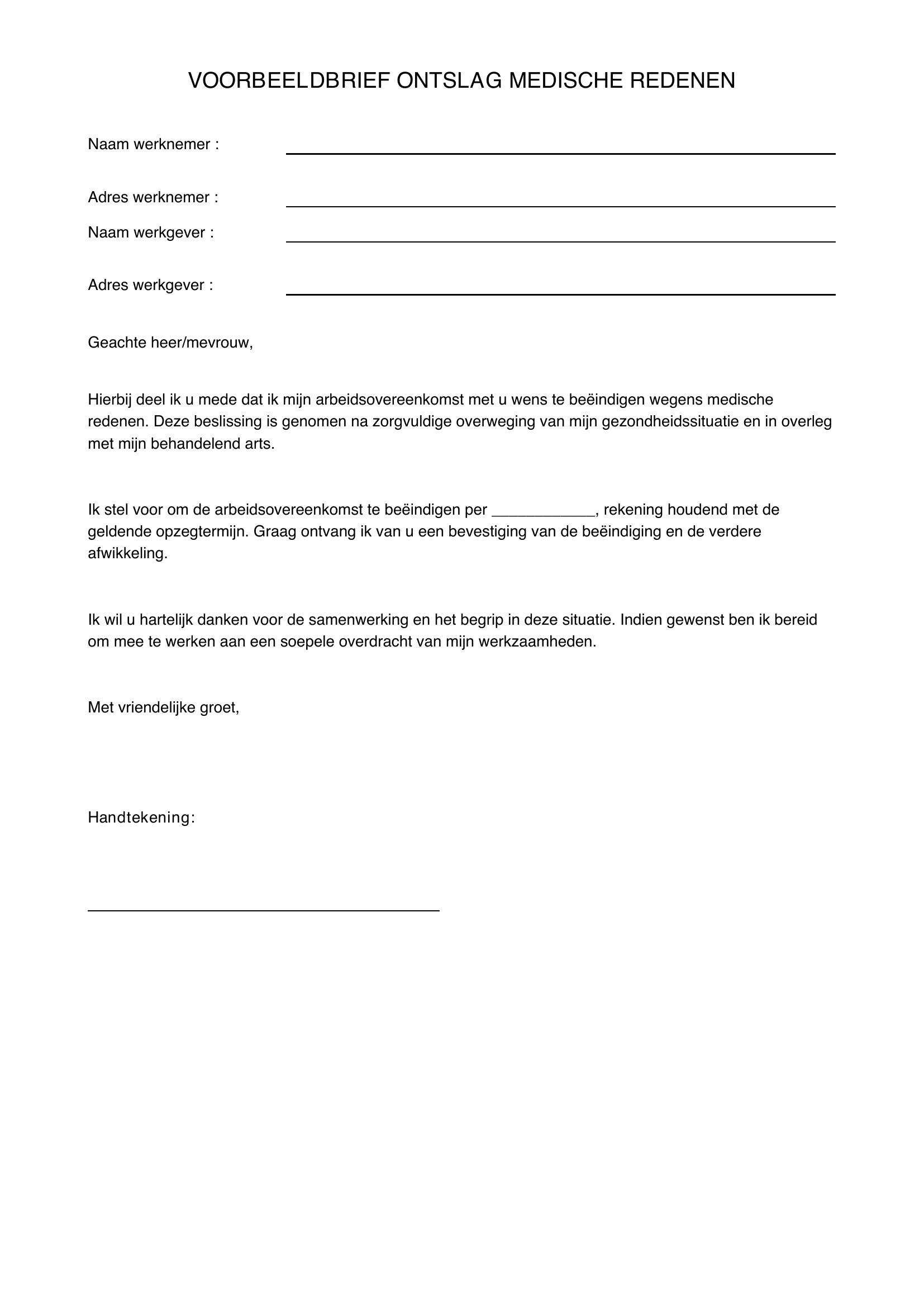 Voorbeeldbrief Ontslag Medische Redenen