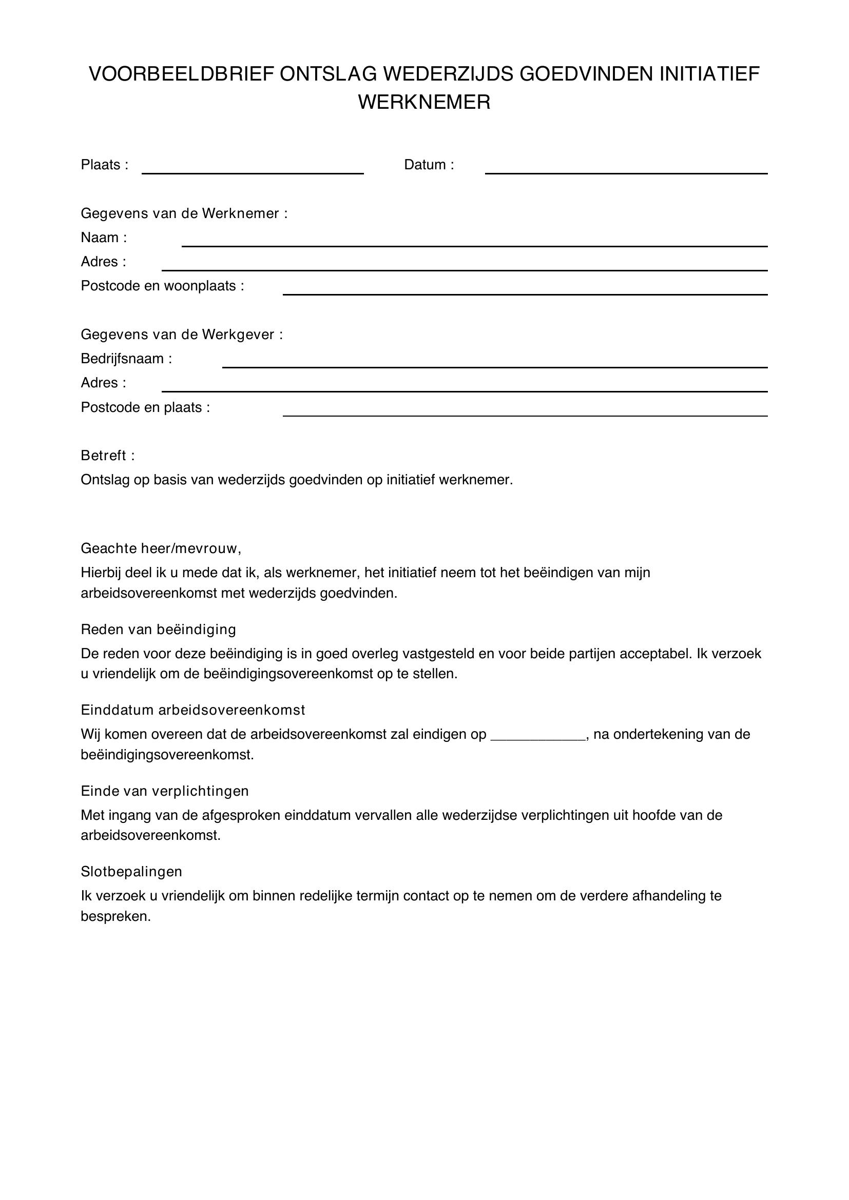 Voorbeeldbrief Ontslag Wederzijds Goedvinden Initiatief Werknemer