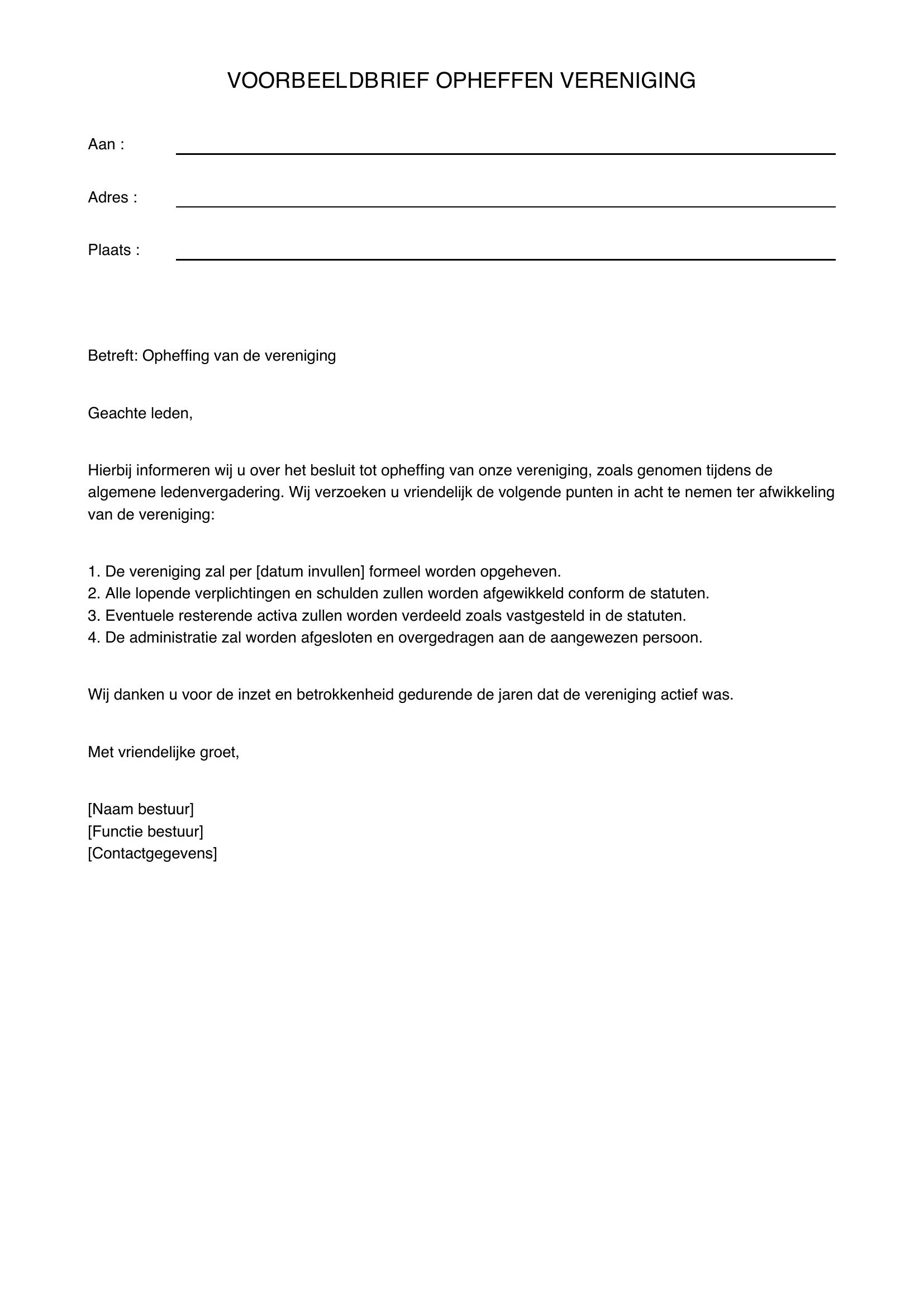 Voorbeeldbrief Opheffen Vereniging