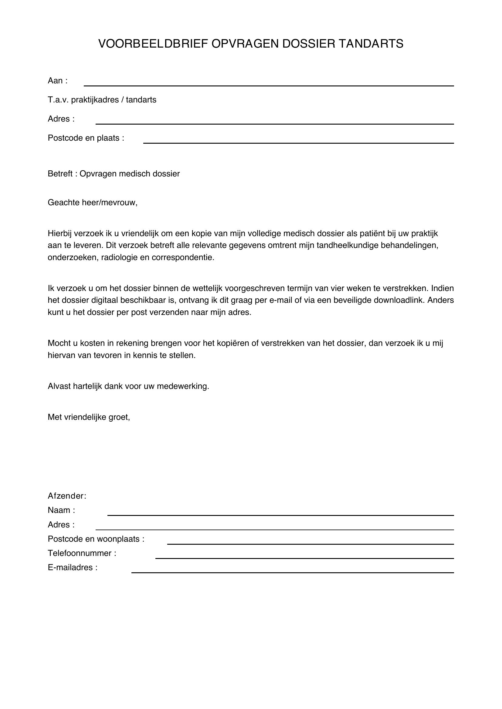Voorbeeldbrief Opvragen Dossier Tandarts