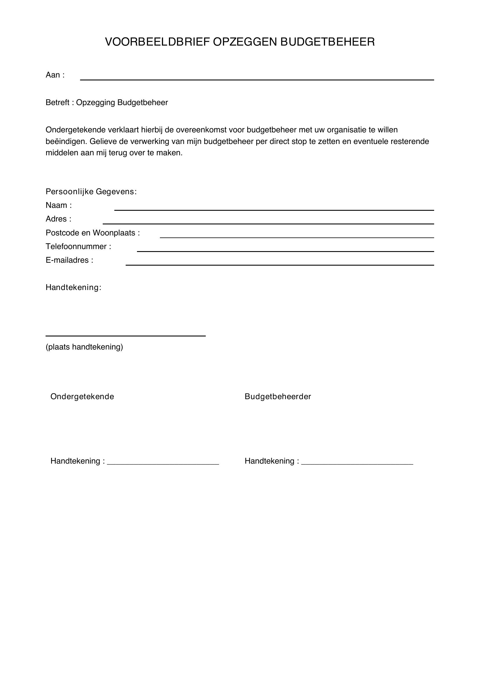 Voorbeeldbrief Opzeggen Budgetbeheer