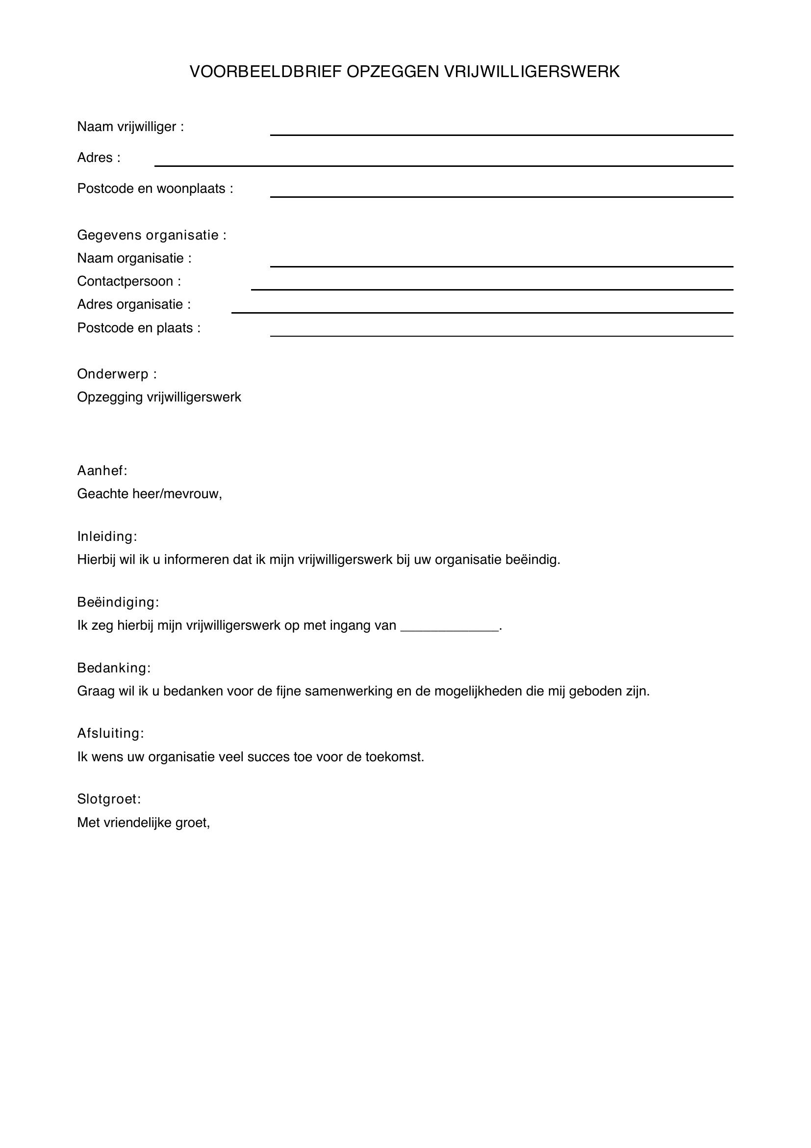 Voorbeeldbrief Opzeggen Vrijwilligerswerk