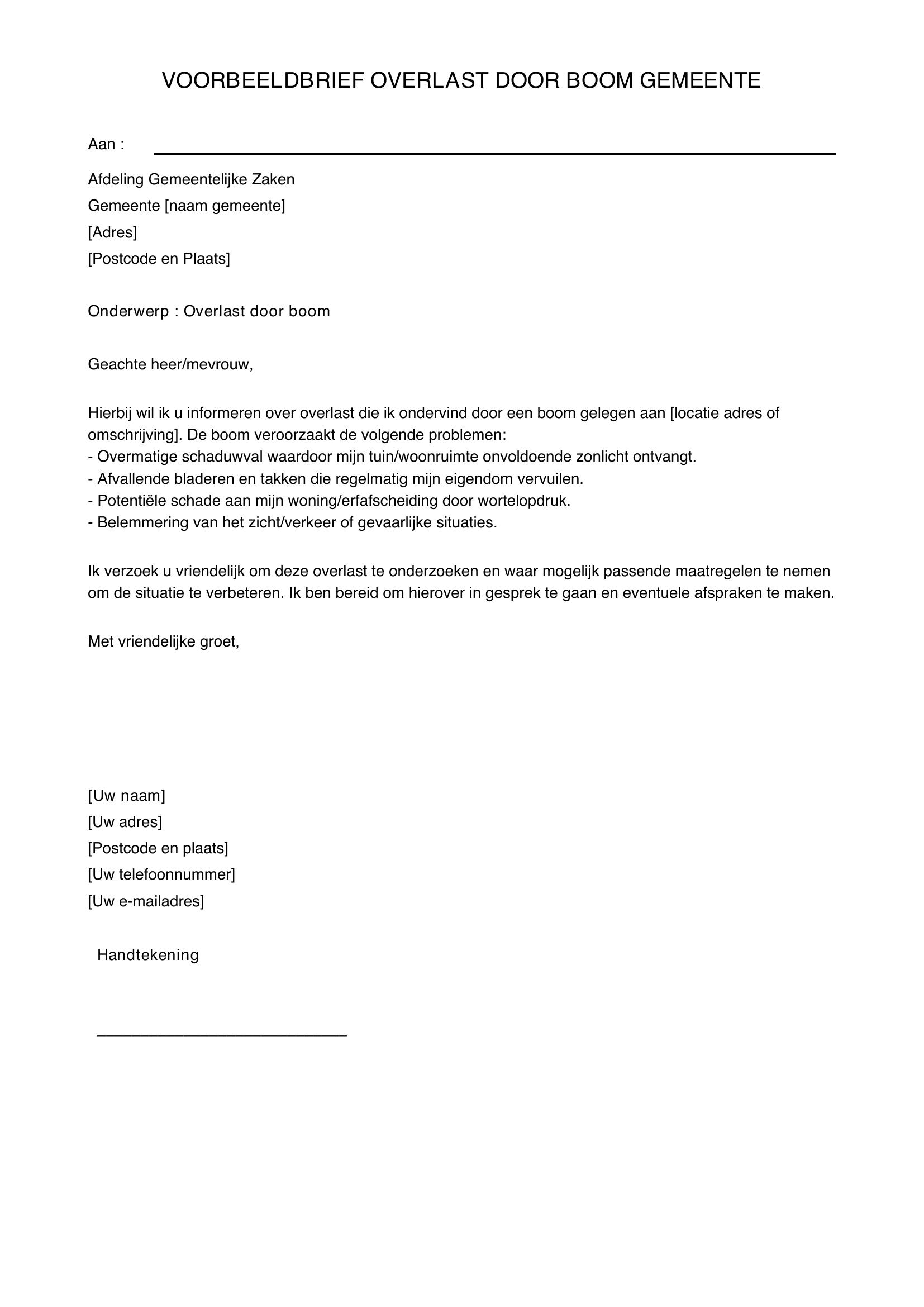 Voorbeeldbrief Overlast Boom Gemeente