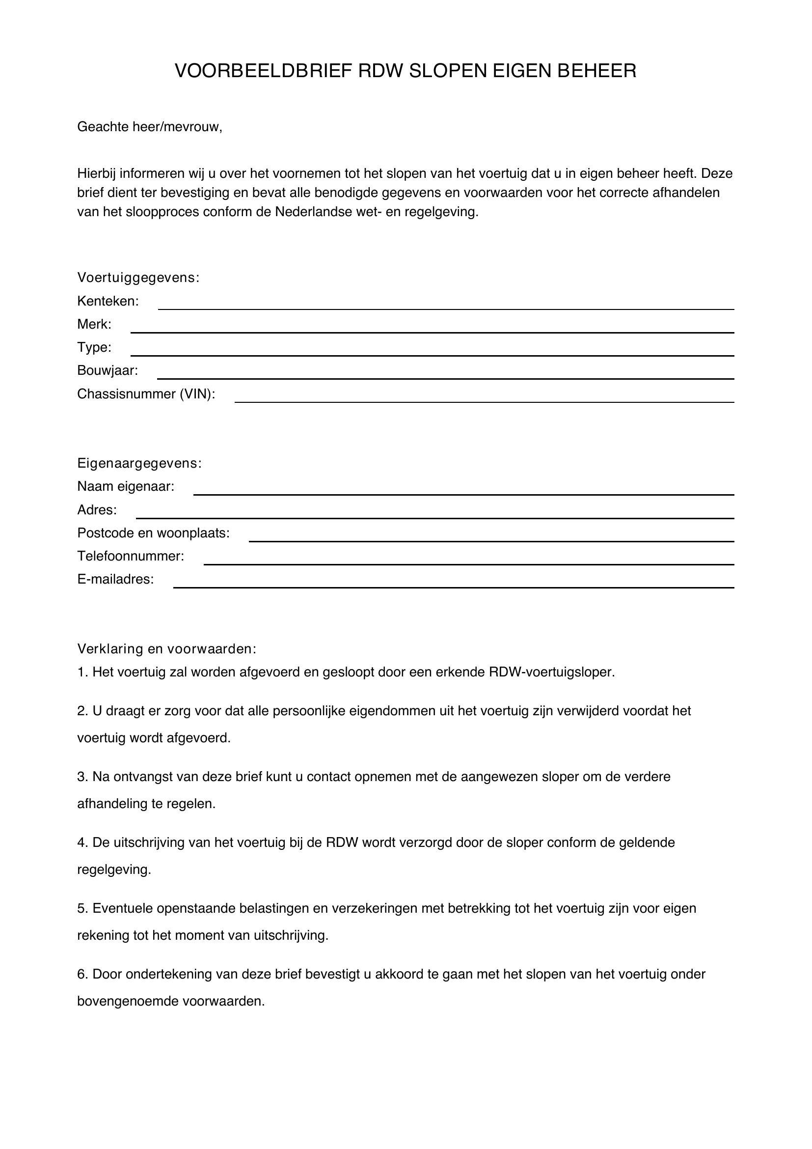 Voorbeeldbrief Rdw Slopen Eigen Beheer