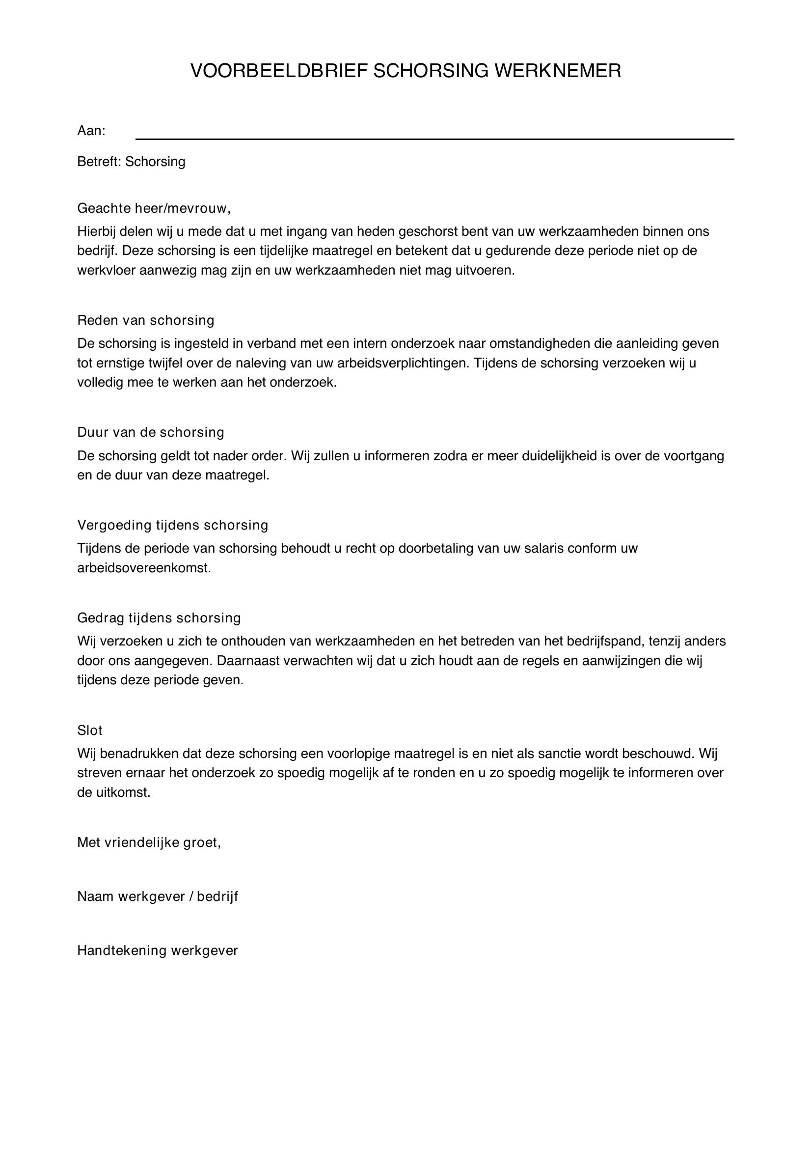 Voorbeeldbrief Schorsing Werknemer