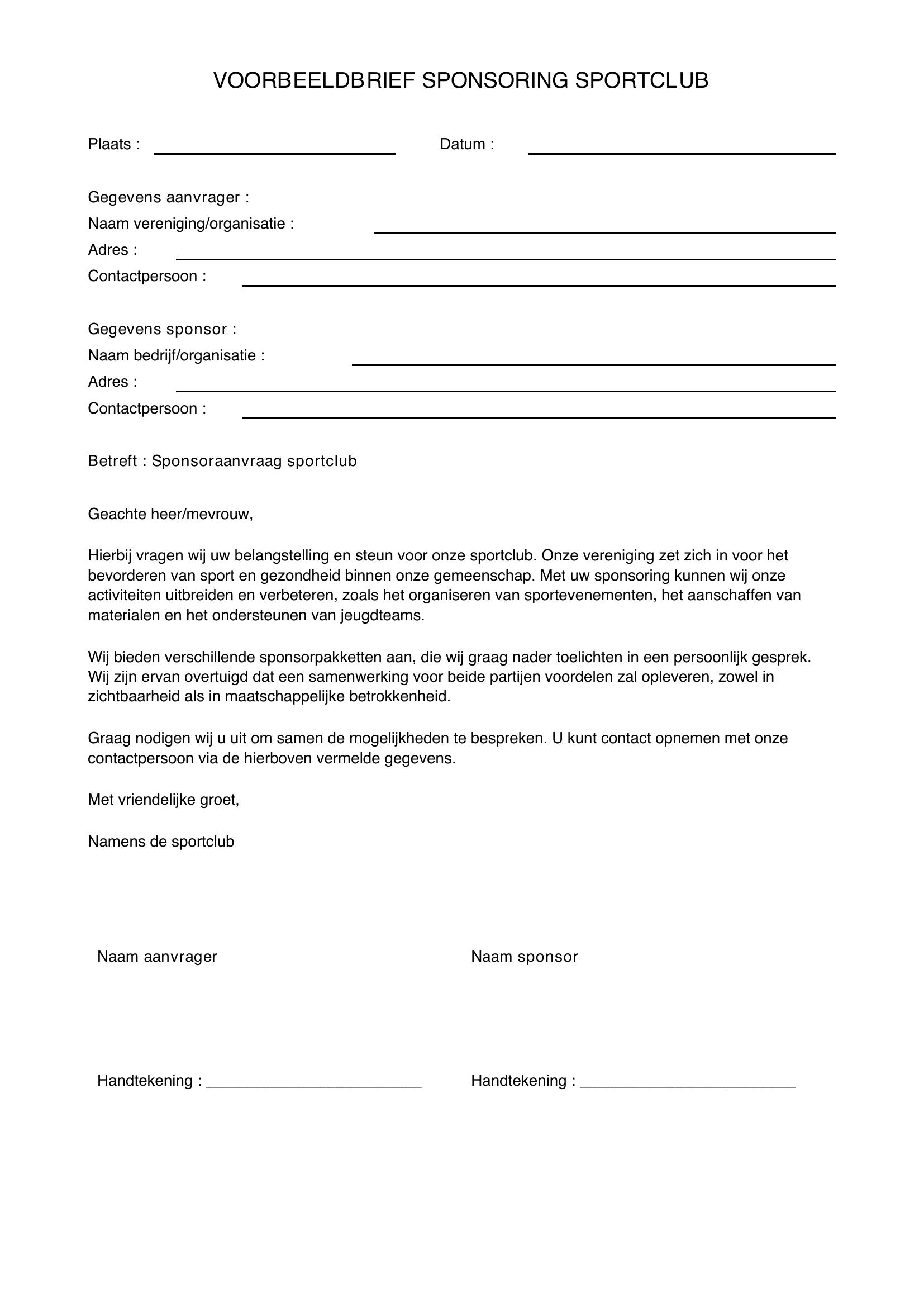 Voorbeeldbrief Sponsoring Sportclub