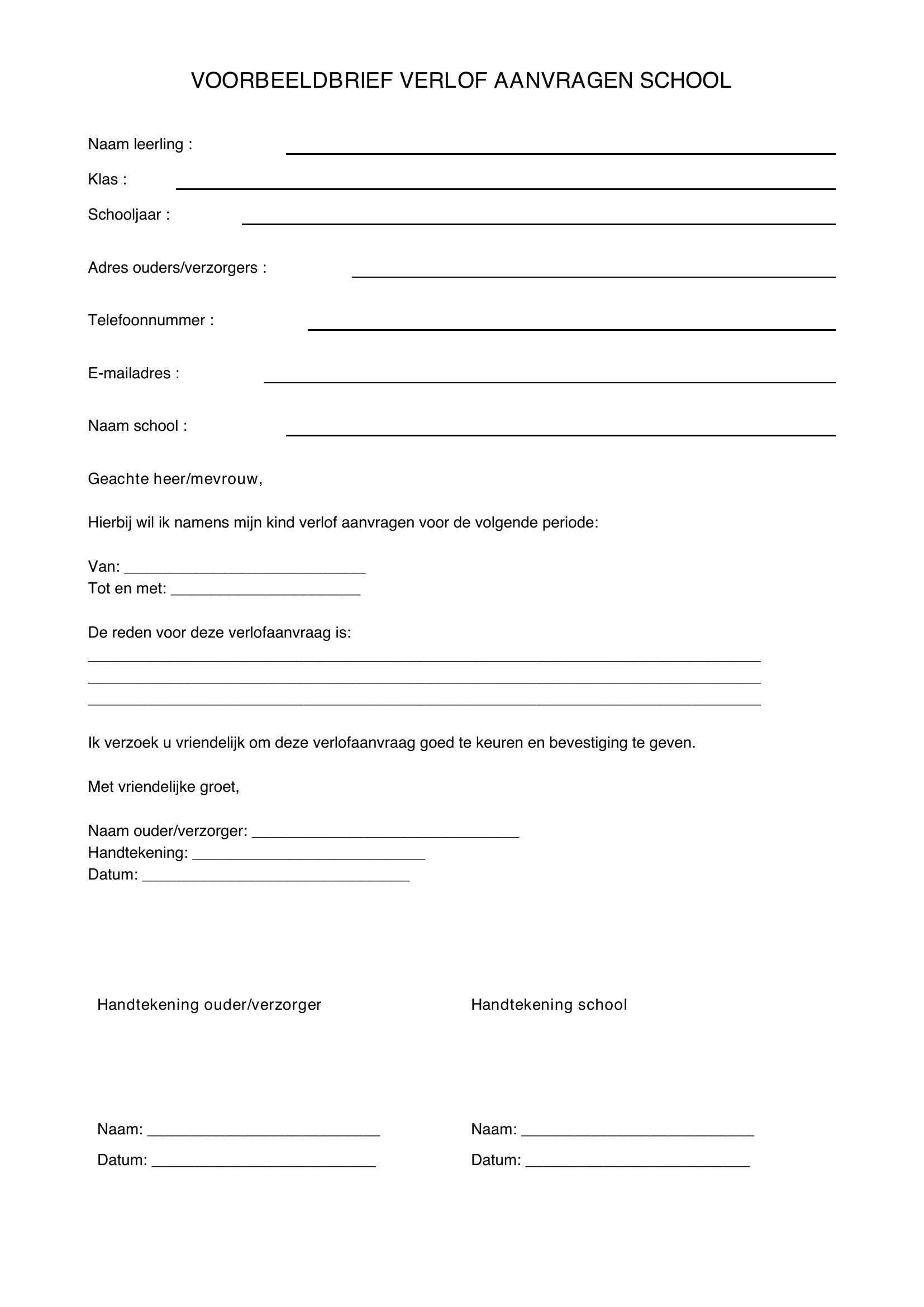 Voorbeeldbrief Verlof Aanvragen School