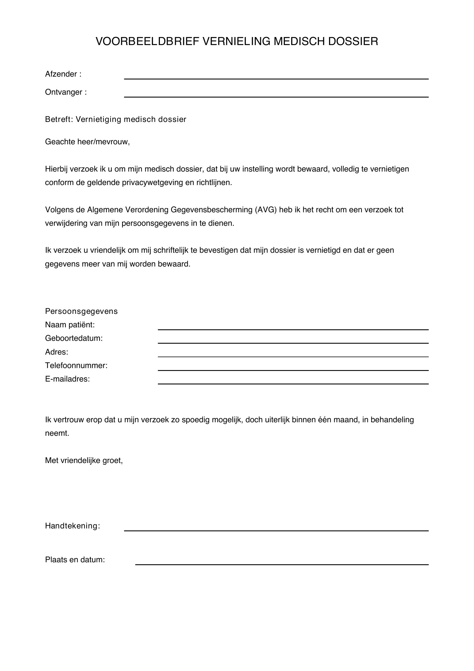 Voorbeeldbrief Vernietiging Medisch Dossier