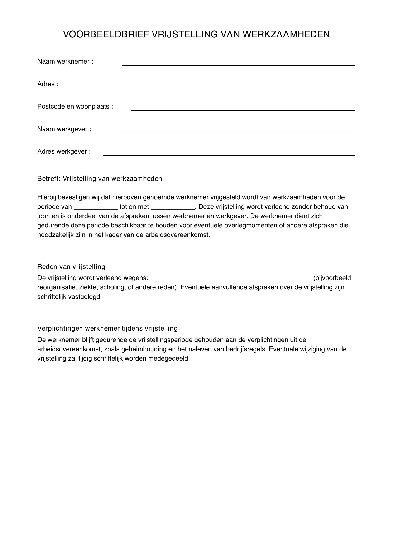Voorbeeldbrief Vrijstelling Van Werkzaamheden