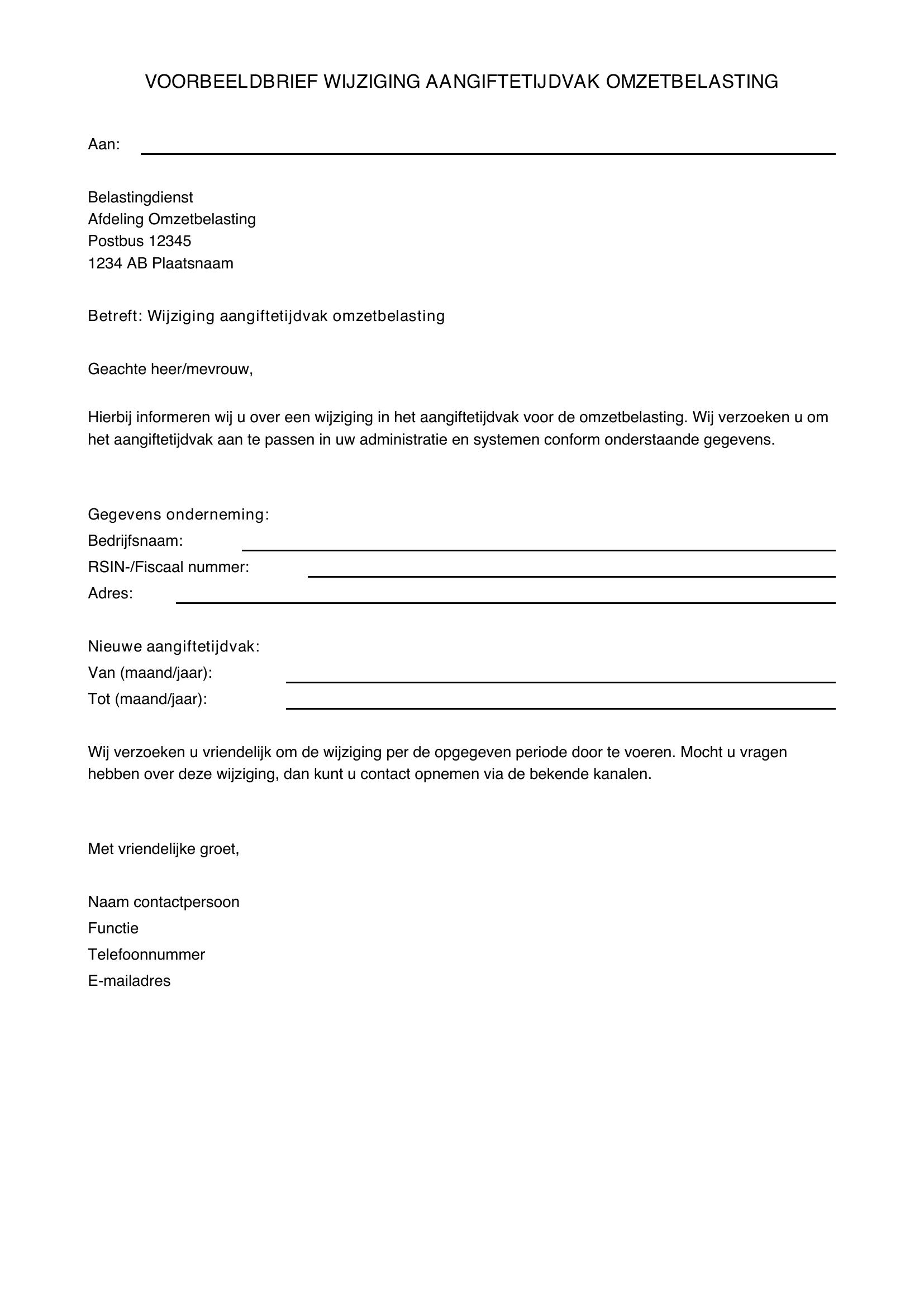 Voorbeeldbrief Wijziging Aangiftetijdvak Omzetbelasting