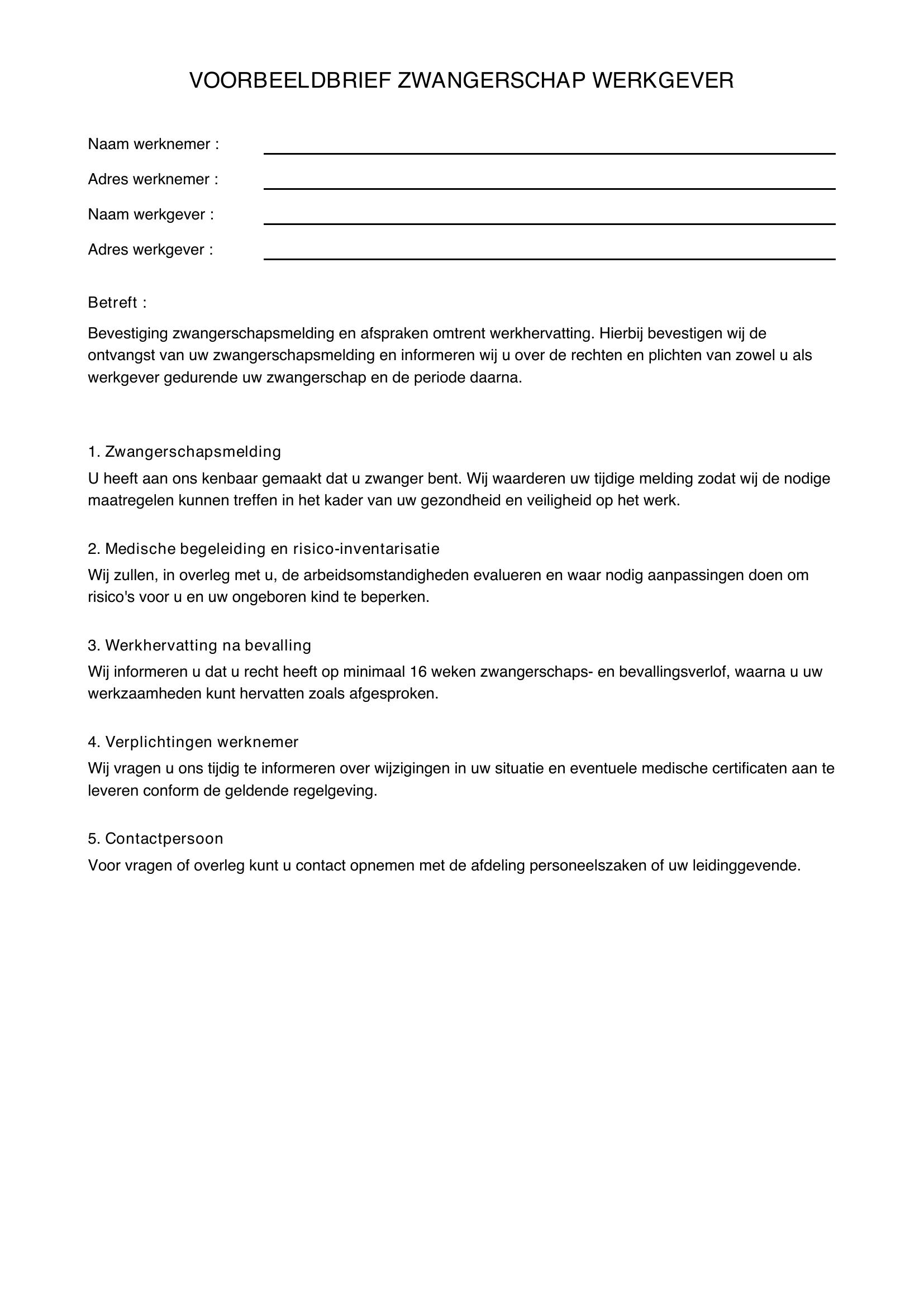 Voorbeeldbrief Zwangerschap Werkgever