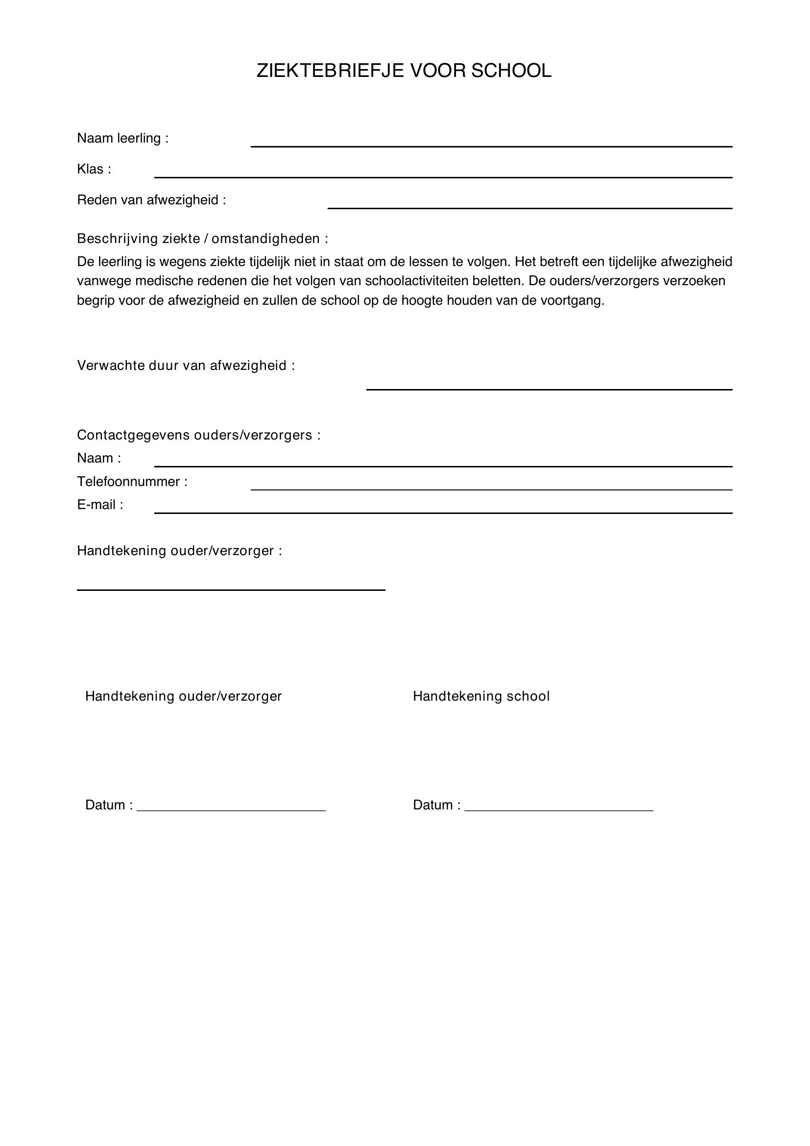 Ziektebriefje School Voorbeeld